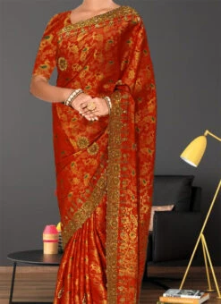 Red Color Silk Hand Embroidered Stone Work Saree Party Wear