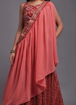 Red Embroidery Batik Printed Viscose Umbrella Lehenga Party Wear