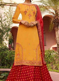 Red Faux Georgette Umbrella Lehenga Party Wear