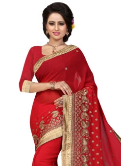 Red Georgette Embroidered Saree Party Wear -Deals Chic Lehenga Store red georgette embroidered saree sasnf322z b