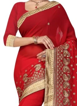 Red Georgette Embroidered Saree Party Wear