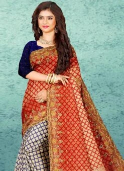 Red Kanjeevaram Silk Hand Embroidery Half N Half Saree Festive Wear -Deals Chic Lehenga Store red kanjeevaram silk hand embroidery half n half saree sadsf4738 b