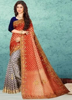 Red Kanjeevaram Silk Hand Embroidery Half N Half Saree Festive Wear -Deals Chic Lehenga Store red kanjeevaram silk hand embroidery half n half saree sadsf4738 u