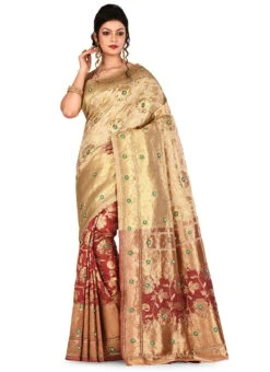 Maroon N Beige Kancheepuram Art Silk Half N Half S Party Wear -Deals Chic Lehenga Store red n beige embroidered art slik saree sadsf3215 u