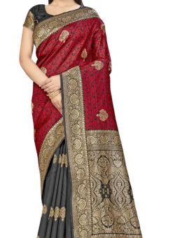 Red N Black Banarasi Silk Zari Work Saree Festive Wear