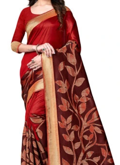 Red N Brown Banarasi Silk Zari Work Saree Festive Wear