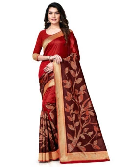 Red N Brown Banarasi Silk Zari Work Saree Festive Wear -Deals Chic Lehenga Store red n brown banarasi silk zari work saree sasstsktsbrn18567b u