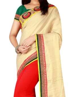 Red N Cream Half N Half Saree Party Wear