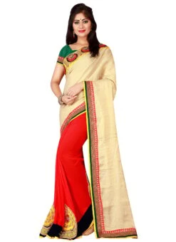 Red N Cream Half N Half Saree Party Wear -Deals Chic Lehenga Store red n cream half n half saree sa30b713164z u