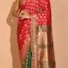 Red N Green Kanjeevaram Silk Hand Work Half N Half Saree Festive Wear