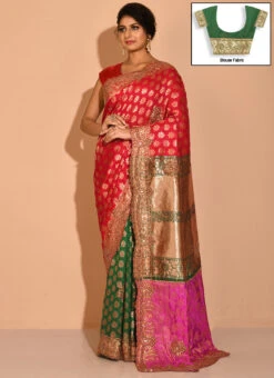 Red N Green Kanjeevaram Silk Hand Work Half N Half Saree Festive Wear -Deals Chic Lehenga Store red n green kanjeevaram silk hand work half n half saree sadsf4650 u