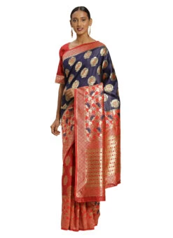 Red N Navy Blue Banarasi Silk Zari Work Saree Festive Wear -Deals Chic Lehenga Store red n navy blue banarasi silk zari work saree sasstsktlvn28097b u