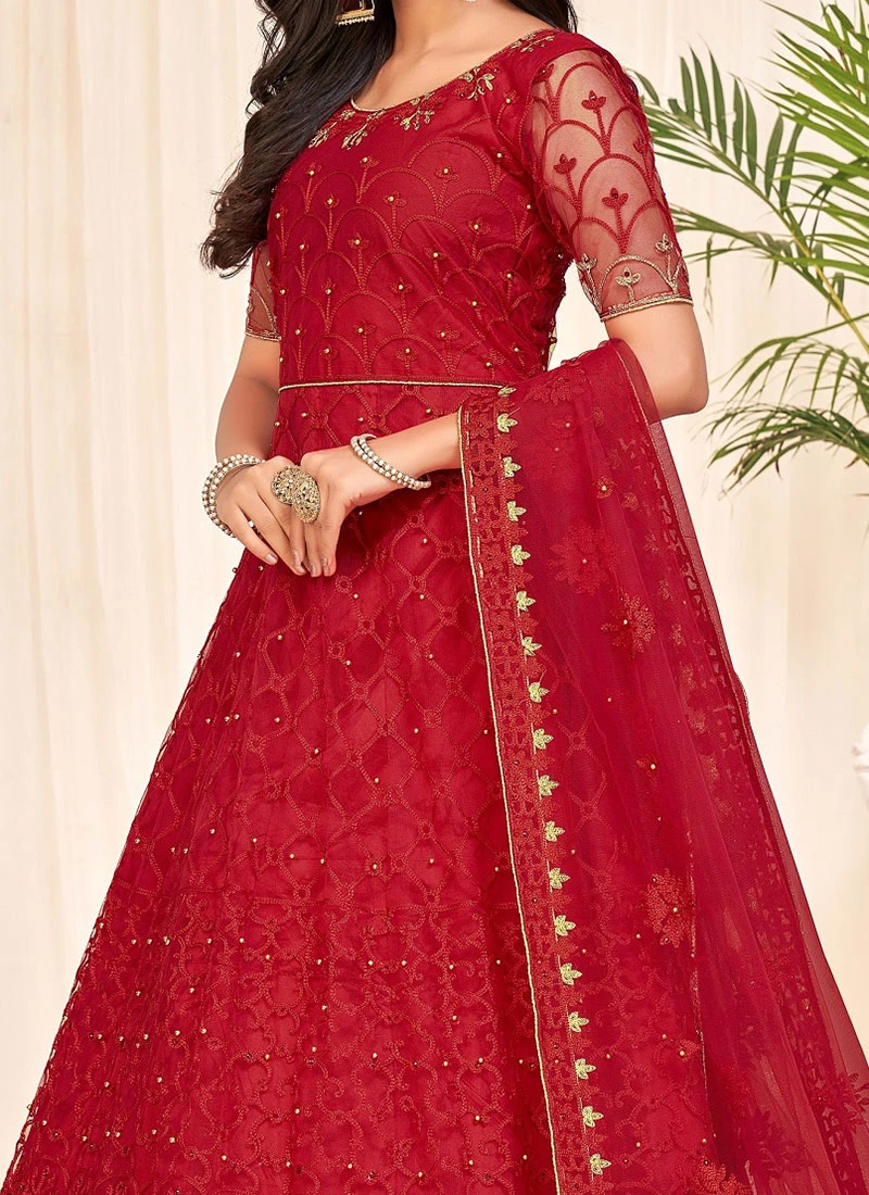 Red Net Embroidered Work Anarkali Suit Party Wear 1 Red Net Embroidered Work Anarkali Suit Party Wear