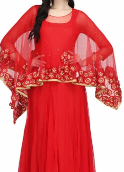 Red Net Silk Thread Gold Zari Anarkali Suit Party Wear