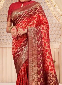 Red Raw Silk Weaving Saree Festive Wear