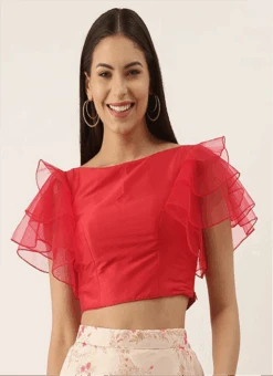 Red Taffeta Ruffled Sleeve Blouse After Six Wear -Deals Chic Lehenga Store red taffeta ruffled sleeve blouse BLBS02305278 u