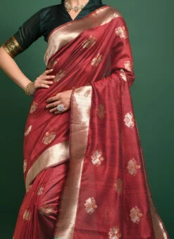 Red Tussar Silk Zari Weaving Saree Festive Wear