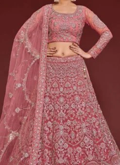 Rose Gold Net Embroidered Work Umbrella Lehenga Choli Party Wear