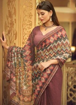 Rose Gold Pink Georgette Printed Work Half N Half Saree Party Wear -Deals Chic Lehenga Store rose gold pink georgette printed work half n half saree sasak352629002 b