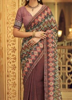 Rose Gold Pink Georgette Printed Work Half N Half Saree Party Wear