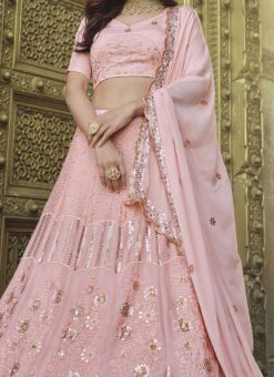 Rose Pink Georgette Sequins Embroidery Umbrella Lehenga Wedding Wear