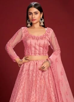 Rose Pink Net Embroidered N Stones Umbrella Lehenga Party Wear -Deals Chic Lehenga Store rose pink net embroidered n stones umbrella lehenga ghswe1347 b