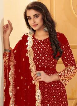 Rose Red Georgette Mirror Embroidered Anarkali Suit Party Wear -Deals Chic Lehenga Store rose red georgette mirror embroidered anarkali suit slsaj31381117 b