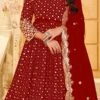 Rose Red Georgette Mirror Embroidered Anarkali Suit Party Wear