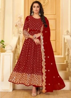 Rose Red Georgette Mirror Embroidered Anarkali Suit Party Wear -Deals Chic Lehenga Store rose red georgette mirror embroidered anarkali suit slsaj31381117 u