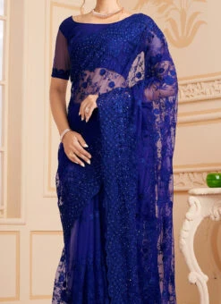 Royal Blue Net Embroidery Work Saree Party Wear