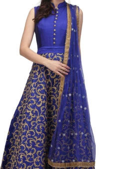 Royal Blue Raw Silk Thread Work Anarkali Suit Party Wear