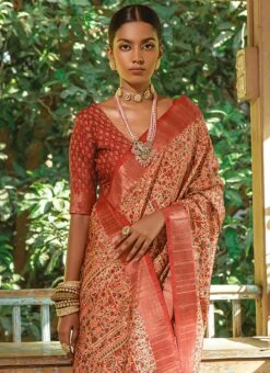 Rust Art Silk Printed Saree After Six Wear -Deals Chic Lehenga Store rust art silk printed saree samknsz5006 b