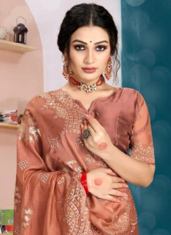 Rust Embellished Stones Work Organza Silk Saree Party Wear -Deals Chic Lehenga Store rust embellished stones work organza silk saree sasnf6792 b