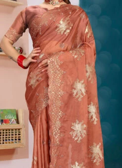 Rust Embellished Stones Work Organza Silk Saree Party Wear