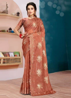 Rust Embellished Stones Work Organza Silk Saree Party Wear -Deals Chic Lehenga Store rust embellished stones work organza silk saree sasnf6792 u