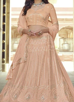 Salmon Peach Georgette Sequins Embroidery Umbrella Lehenga Wedding Wear