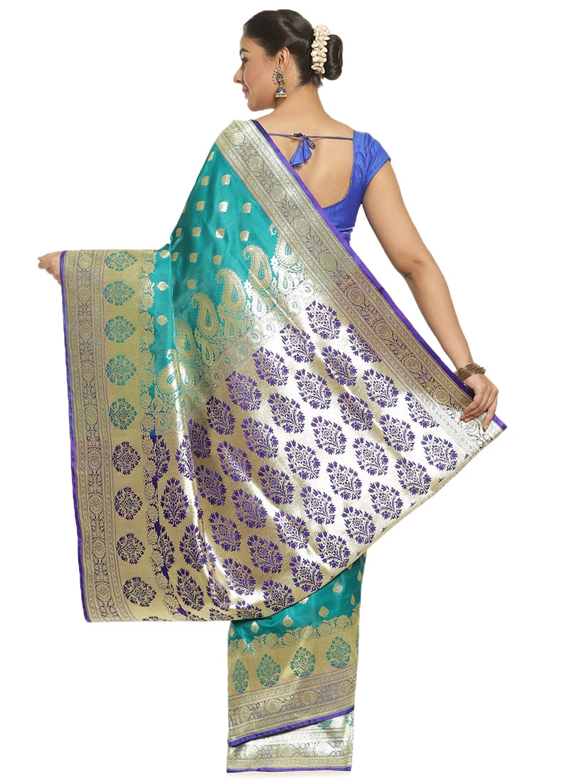Satin Banarasi Woven Work Teal Green Color Saree Festive Wear 4 Satin Banarasi Woven Work Teal Green Color Saree Festive Wear - Image 4