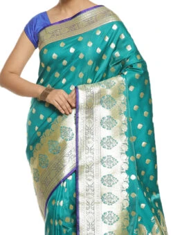 Satin Banarasi Woven Work Teal Green Color Saree Festive Wear