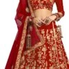 Scarlet Red Satin Silk Embroidered Umbrella Lehenga Party Wear