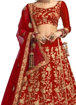 Scarlet Red Satin Silk Embroidered Umbrella Lehenga Party Wear