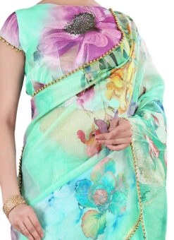 Sea Foam Green Khadi Organza Digital Print Saree Party Wear