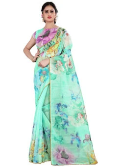 Sea Foam Green Khadi Organza Digital Print Saree Party Wear -Deals Chic Lehenga Store sea foam green khadi organza digital print saree sasom193 u