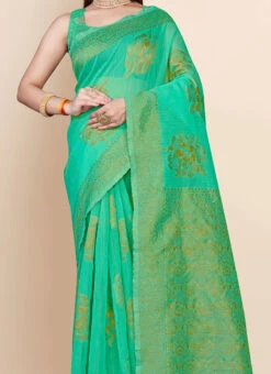 Sea Green Art Silk Cotton Jacquard Chanderi Sari Festive Wear