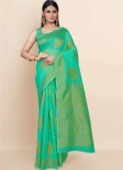 Sea Green Art Silk Cotton Jacquard Chanderi Sari Festive Wear -Deals Chic Lehenga Store sea green art silk cotton jacquard chanderi sari sasacw8764 u