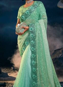 Sea Green Chinon Embroidery Work Saree Wedding Wear