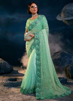 Sea Green Chinon Embroidery Work Saree Wedding Wear -Deals Chic Lehenga Store sea green chinon embroidery work saree sasli17746306 u