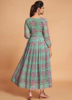 Sea Green Georgette Digital Print Fit And Flare Dress After Six Wear -Deals Chic Lehenga Store sea green georgette digital print fit and flare dress drsacw9022 b