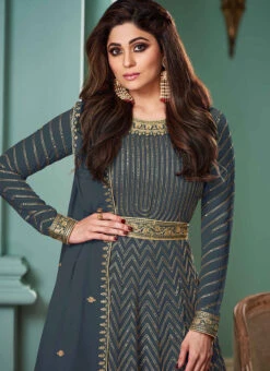 Shamita Shetty Blue Georgette Embroidery Anarkali Suit Party Wear -Deals Chic Lehenga Store shamita shetty blue georgette embroidery anarkali suit slsaj33389277 b