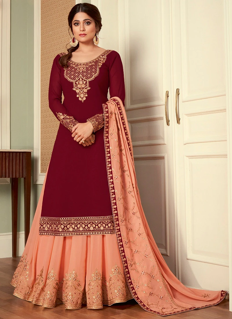 Shamita Shetty Maroon Georgette Umbrella Lehenga Wedding Wear 3 Shamita Shetty Maroon Georgette Umbrella Lehenga Wedding Wear - Image 3