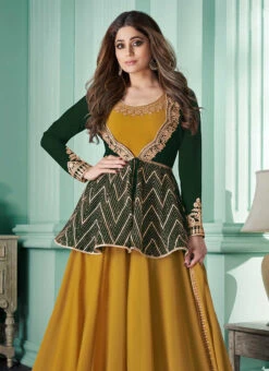 Shamita Shetty Mustard Georgette Embroidered Anarkali Suit Party Wear -Deals Chic Lehenga Store shamita shetty mustard georgette embroidered anarkali suit slsak28908571 b